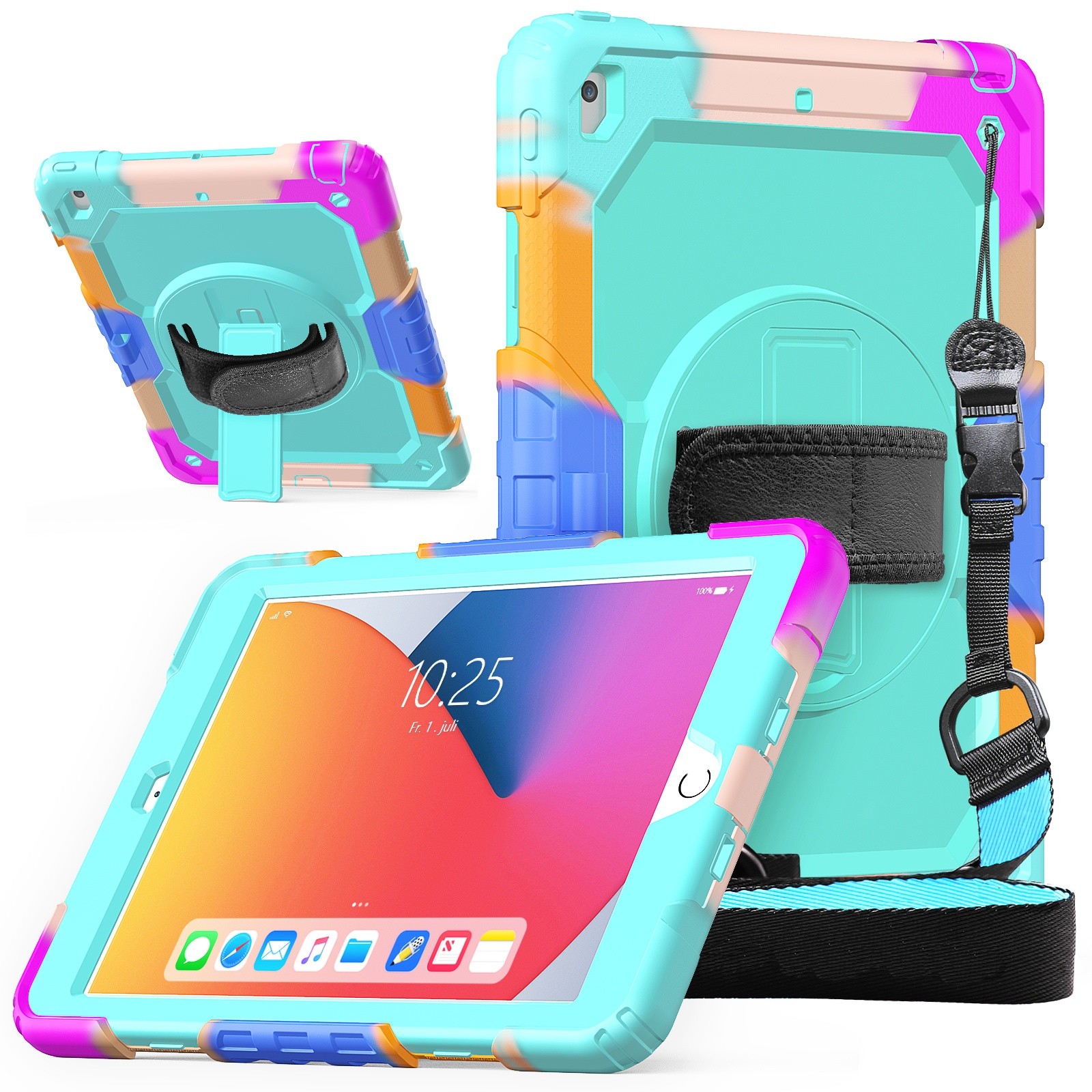 iPad 10.2 2020 & 2021) / hoes met screenprotector, handriem en schouderriem voor kinderen en scholen - Oceaan Blauw Kleurrijk